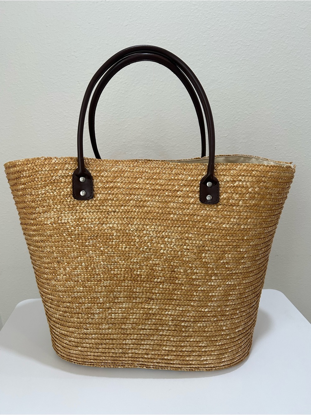 Dyrageous Woven Straw Tote Bag with Dark Brown Handles - Natural, Large in Size